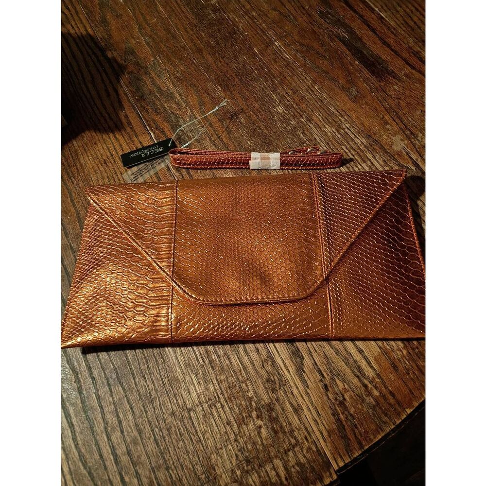New Bella Collection Metallic Orange Clutch Purse Handbag with Shoulder Strap